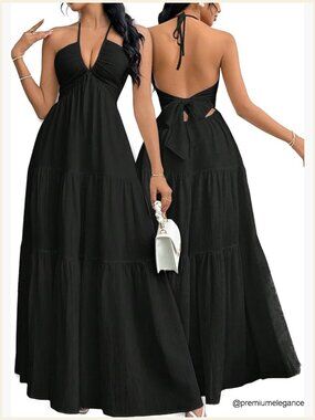 Maxi Summer Dress Halter V-Neck A-Line Casual Beach Vacation